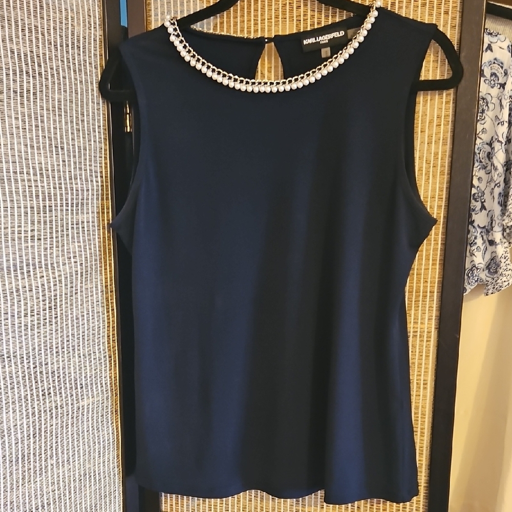 Karl Lagerfeld Midnight Blue Blouse with Pearl Details